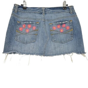 Aeropostale Mini Denim Skirt Medium Wash Distressed Floral Hand Embroidered